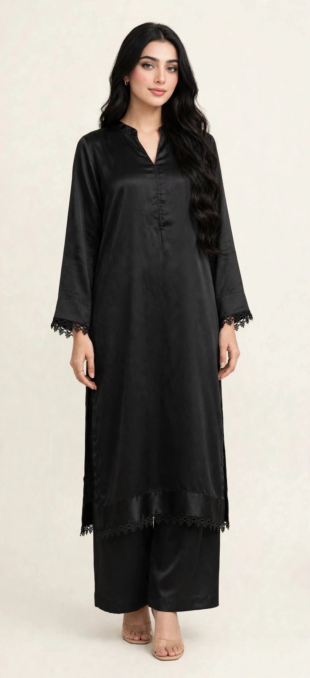 Pakistani long Kurti with Plazo set in Armani satin fabric with lace detailing