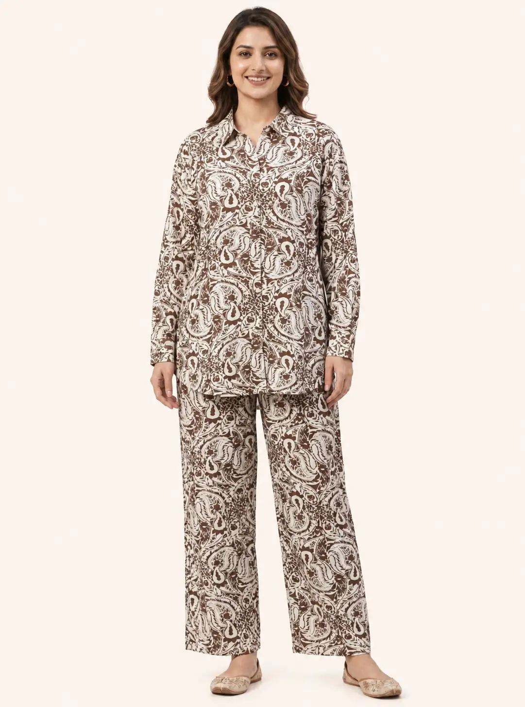 Brown Paisley Print Shirt & Trouser Co-ord Set