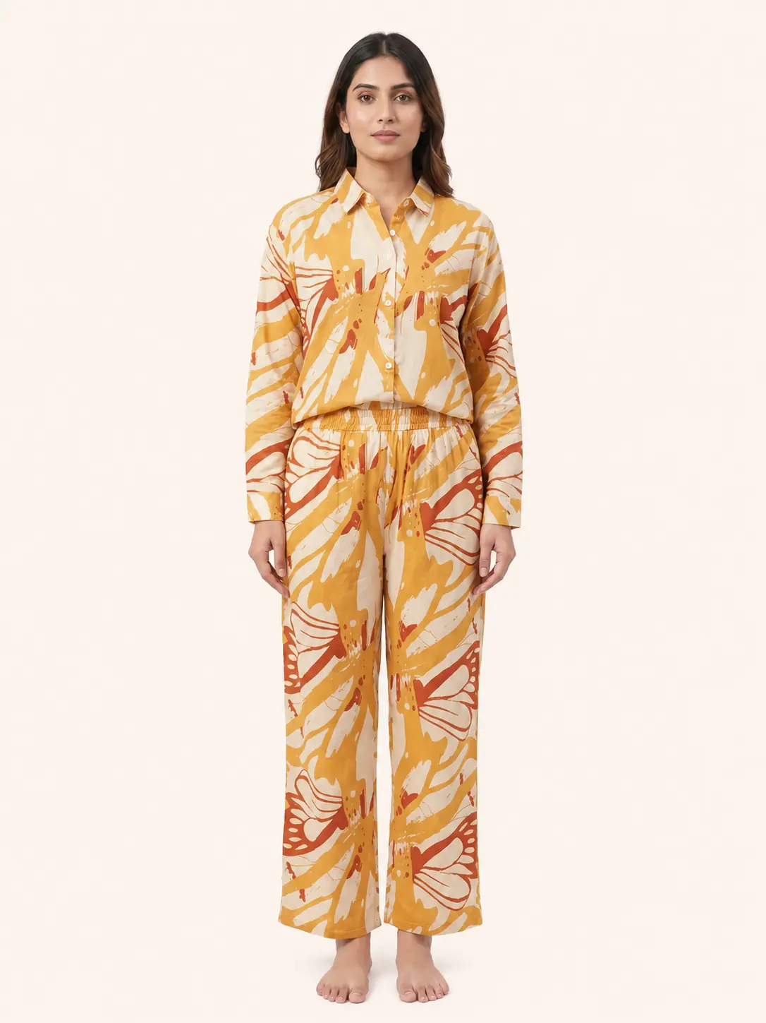 Mustard Abstract Print Shirt & Trouser Co-ord Set