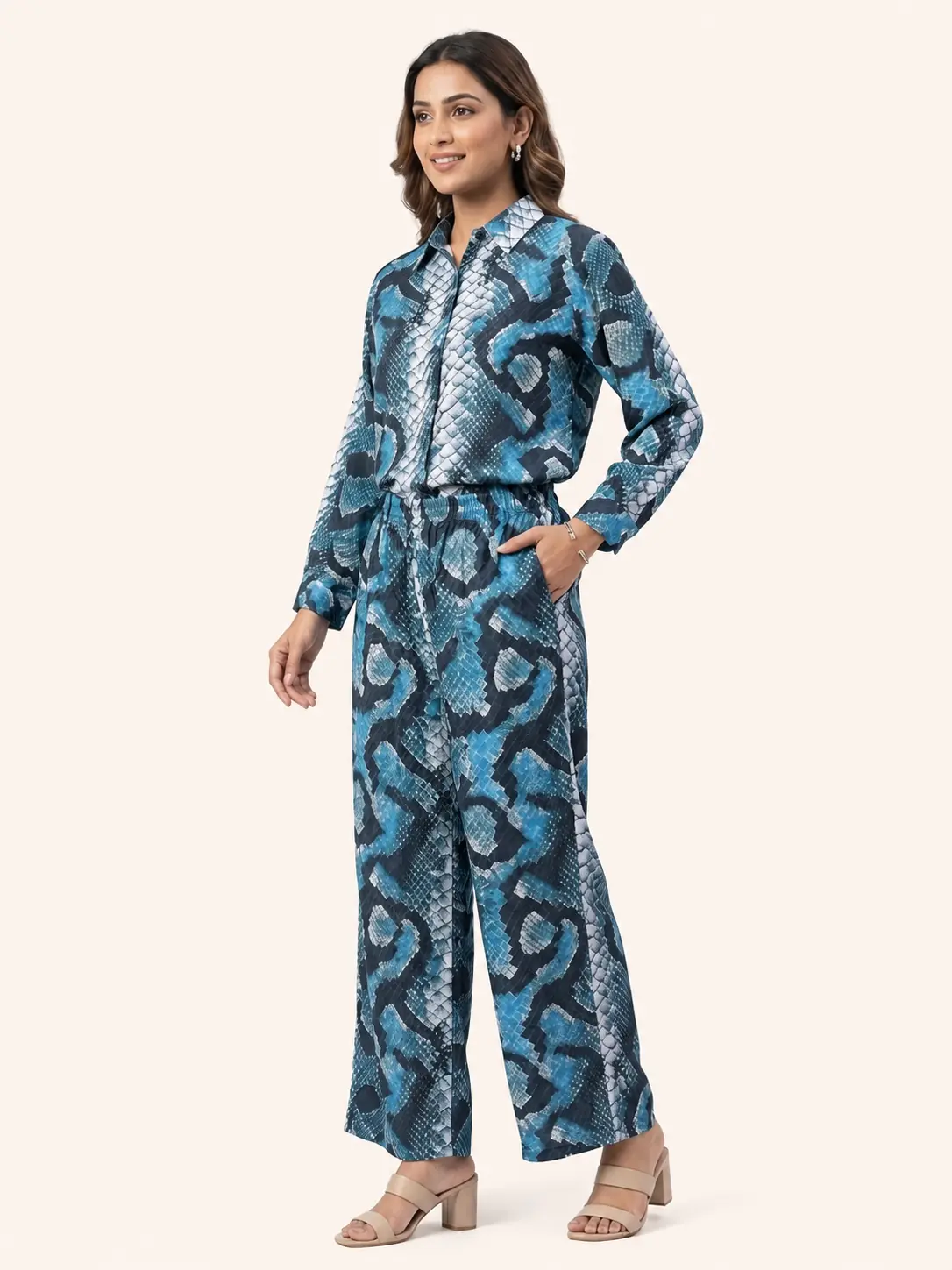 Blue Snakeskin Print Shirt & Trouser Co-ord Set