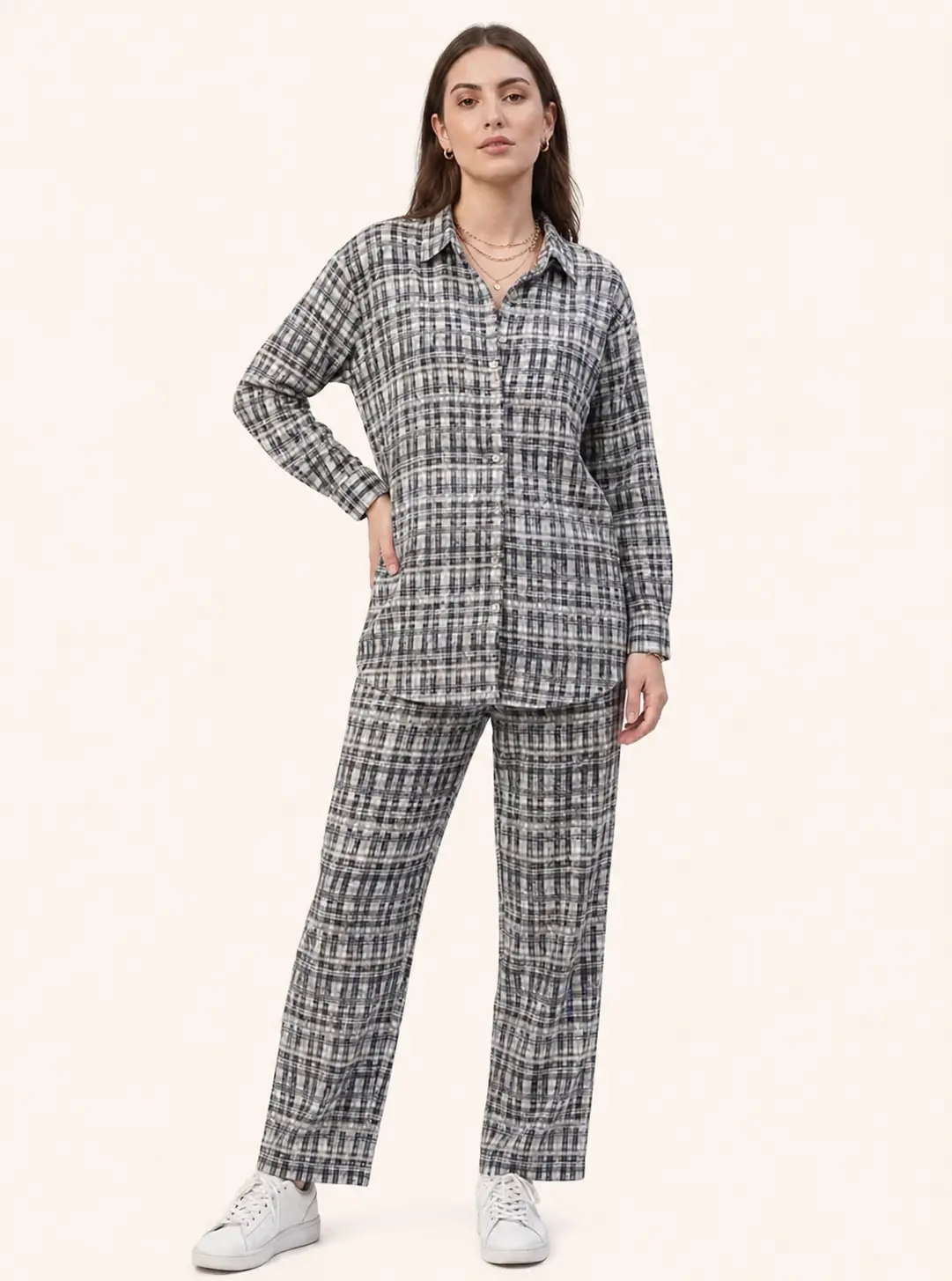 Grey Check Print Shirt & Trouser Co-ord Set