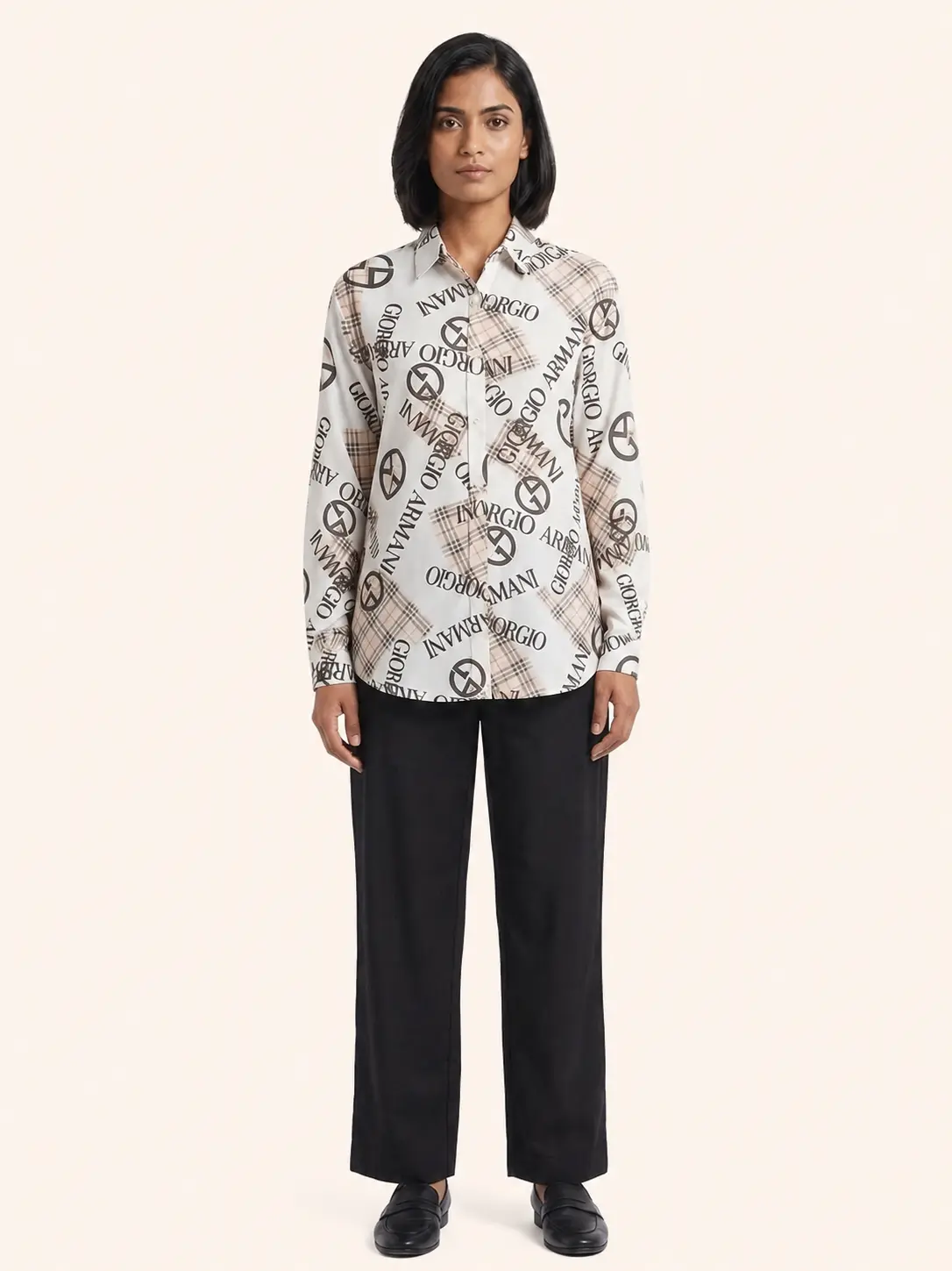 Beige Monogram Print Shirt with Black Trousers Set